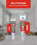 New and old packaging of Advanced Silicone Caulk For Kitchen And Bathroom White 2.8 Fl Oz Tube 1 Pack 100 Percent Waterproof Sealant.