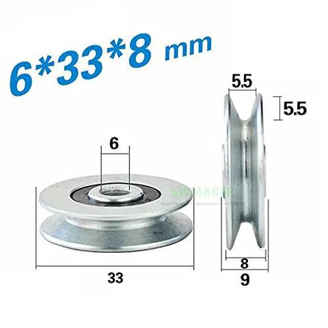 Tough As Nails Two Pack V Groove Metal Pulley For Steel Wire Cables And Lifting Guide Wheels Featuring Durable Galvanized Build For Hassle Free Door Window Track Gliding Performance showing 6x33x8 mm dimensions