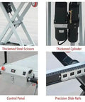 Heavy Duty Electric Scissor Lift Table With 660 Pounds Capacity showing thickened steel scissors, cylinder, control panel, and precision slide rails.