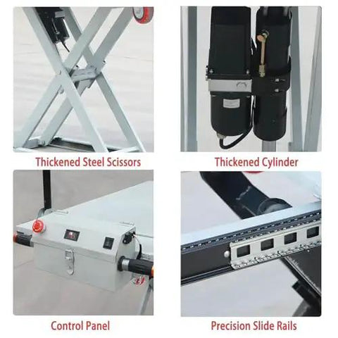Heavy Duty Electric Scissor Lift Table With 660 Pounds Capacity showing thickened steel scissors, cylinder, control panel, and precision slide rails.