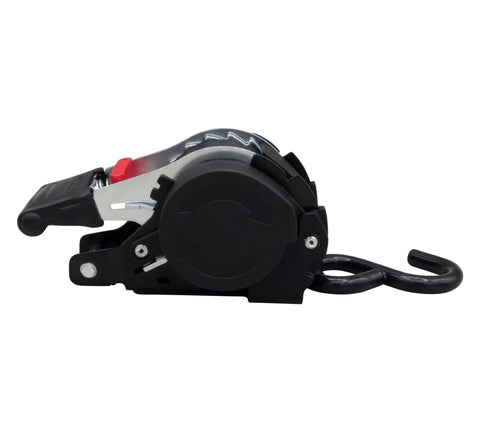 Side view of 4 Pack 1 Inch By 10 Foot Bolt On Retractable Ratchet Straps With Coated S Hooks For All Your Cargo Tie Downs Heavy Duty Auto Retract Self Ratcheting Straps Designed For Boat Trailer Jet Ski ATVs Bikes And More