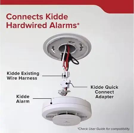 Quick Connect Adapter For Hardwired Smoke And CO Detectors Zero Headache Retrofit Upgrade Kit showing connection to Kidde alarms.