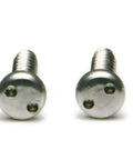 Heavy Duty Stainless Steel License Plate Screws Damn Secure Fit For Trucks And Cars Deters Vandals With Snake Eye Design Includes Complete Spanner Pan Head Sheet Metal Screws Kit, close-up of two tamper-proof screws.