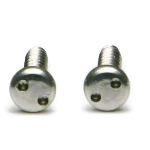 Heavy Duty Stainless Steel License Plate Screws Damn Secure Fit For Trucks And Cars Deters Vandals With Snake Eye Design Includes Complete Spanner Pan Head Sheet Metal Screws Kit, close-up of two tamper-proof screws.