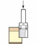 Pro Grade Guided Profiler Router Bit With One Quarter Inch Shank And Half Inch Cut Diameter positioned above a workpiece for precision trimming.