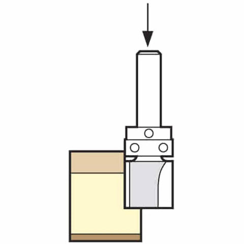 Pro Grade Guided Profiler Router Bit With One Quarter Inch Shank And Half Inch Cut Diameter positioned above a workpiece for precision trimming.