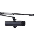 Black door closer with adjustable speed for 25 kg to 85 kg doors, quiet hydraulic buffer for soft closing and hassle-free mounting.