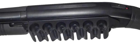 Six Shotshell Sidesaddle Carrier For Mossberg 500 590 Shotguns Beefed Up Aluminum Based Polymer Construction Six Shell Capacity Tactical Shotgun Accessory For 12 Gauge Firearms Ready For Quick Access In The Field mounted on shotgun side