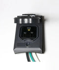 Heavy Duty Grounded Outdoor Convenience Outlet, Weather Resistant Lam Post Electrical Plug close-up, black molded plastic, 15 amp socket.