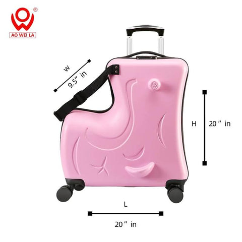 Amazon N-A kids ride-on suitcase with wheels, pink plastic luggage, pull handle and shoulder strap, 20x20 inches.