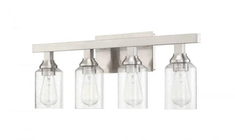 Sleek 4 Light Vanity Fixture In Flat Black Finish With Clear Seeded Glass For Indoor Use Damp Rated Uses 4 X 60W Medium Base Bulbs Not Included Modern Home Bath Lighting Chicago Style, featuring clear glass shades and metallic frame.