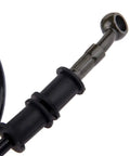 Close-up of Universal 120cm Braided Steel Motorcycle Hydraulic Line Clutch Oil Pipe Black PVC Fuel Hose Replacement fitting.