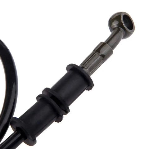 Close-up of Universal 120cm Braided Steel Motorcycle Hydraulic Line Clutch Oil Pipe Black PVC Fuel Hose Replacement fitting.
