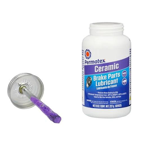 Permatex Ceramic Brake Parts Lubricant bottle, 8 oz, with purple applicator and brake rotor