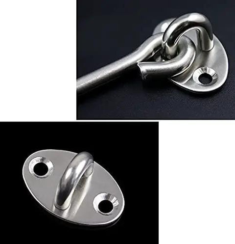Rock Solid Sus 304 Stainless Steel Barn Door Latch With Hook And Eye Design Heavy Duty Rustproof Window Catch And Door Stop Built Tough For Indoor Outdoor Home Fixes With Screws close-up view of latch and hook.