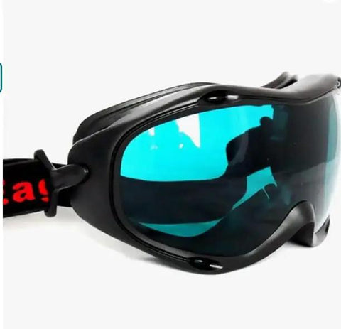 Pro Grade Wide Spectrum Laser Safety Glasses Featuring Rock Solid Optical Density Filtration For Total Uv And Visible Light Studio Workshop Eye Protection Gear, black frame with tinted blue lenses.