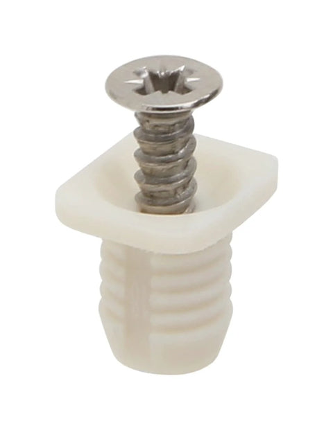 Close-up of 8mm Plastic Hinge Dowel Inserts with Screws for Cabinet Hinges White