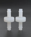 Two white PVDF one-way ozone check valves with barbed fittings for spa tubing.