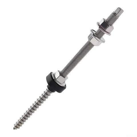 Rock Solid Stainless Steel Double Ended Wood Screws For Solar Panel Mounting Kit Compatible With Tile Tin And Color Metal Roofs Heavy Duty Photovoltaic Bracket Hardware Secure Your Rig Fast 4 Piece Set 200mm close up of screw details