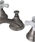 Widespread Lavatory Faucet In Brushed Nickel With Porcelain Cross Handles Solid Brass Construction Drip-Free Ceramic Disc Cartridge