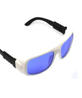 Top Shelf Pulsed Dye Laser Safety Glasses With Hella Solid OD4 Plus Protection For 585 To 595Nm Yellow Laser Workflows featuring white frame and blue lenses.