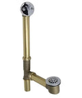 Badass Extra Long Trip Lever Bathtub Drain With Overflow Tube One Half Inch Seventeen Gauge Solid Brass Plumbing Fixture showing chrome and brass finish.