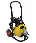 Professionally Tested 250 Watt Electric Drain Auger Snake Machine With 50 Foot Spiral Cable And Universal Slotted Cutter Kit side view.