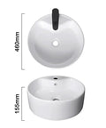 USZWBY Vessel Sinks Bathroom Sink Simple Single Basin Toilet Ceramic Above Counter with dimensions shown, top and side view.