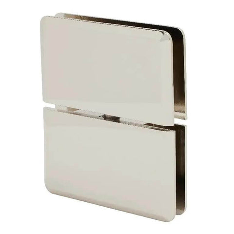 Senior Prima 02 Series Polished Nickel Top Notch Glass To Glass Mount Hinge for 1/2 inch tempered glass, front view.