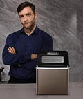 Slick Portable Desktop Electric Ice Maker For Home Bar Or Kitchen Counter Quick Freeze Cycle on a countertop with model.