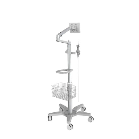 Smooth Rolling Laptop Cart With No Sweat Height Adjustments And Tilting Top For Game Changing Mobile Computer Workstation Or Your Cozy Studio Breeze on wheels with adjustable arm and basket.