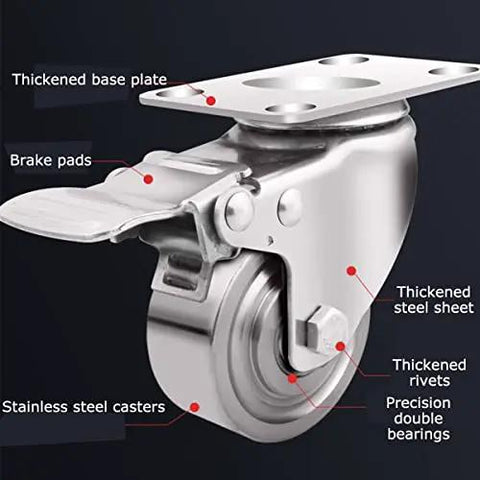 Premium Heavy Duty Stainless Steel Caster Wheels Roll Smooth With Quiet 40mm Casters For Workbench Furniture and Cabinet, close-up detail.