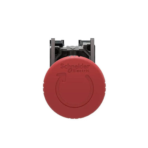 Top view of Red Emergency Stop Push Button Switch SPST No NC With Push Turn Release for Heavy Duty Rugged Safety Cutoff, industrial grade.