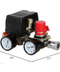 Pressure switch manifold regulator for air compressor, dual gauges, black housing, red adjustment knob, metal fittings.