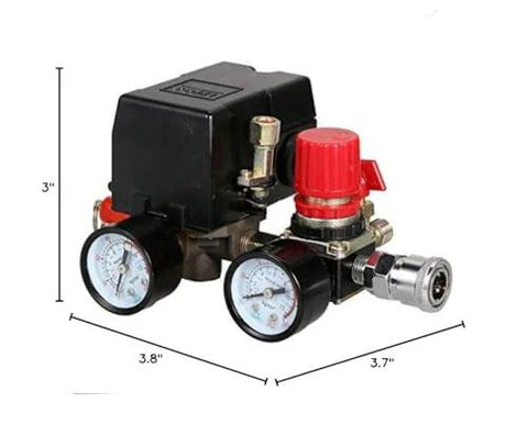 Pressure switch manifold regulator for air compressor, dual gauges, black housing, red adjustment knob, metal fittings.