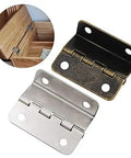 Two cabinet hinges, brass and silver, for 4 Pack Cabinet Door Hinges Set For Wood Boxes And Vintage Furniture Hardware Durable Easy Install.