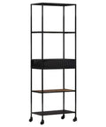 Rough Mango Wood And Iron Four Shelf Bookcase With Drawer Tall 70.9 Inch Industrial Farmhouse Style Storage, black iron frame.