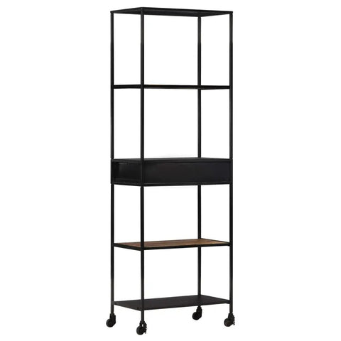 Rough Mango Wood Bookcase With Iron Accents Dope Industrial Style Four Shelf Cabinet With Drawer Tall 70.9 Inch Storage Shelf