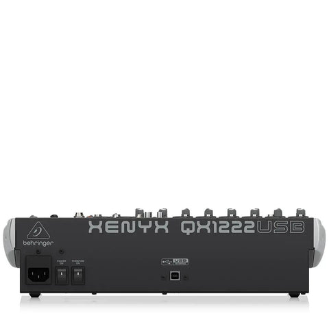 Rear view of XENYX QX1222USB 16 Channel Mixer with USB port and power switches for live sound and studio use