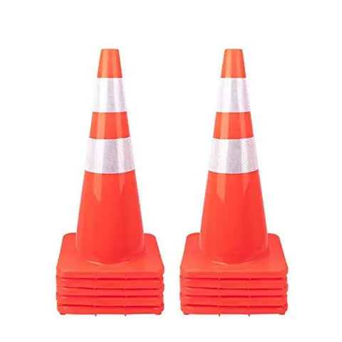 10 Pack 28 Inch Traffic Cones Set Heavy Duty PVC Safety Road Parking Cones For Traffic Control Fluorescent Orange With Weighted Base Reflective Strips 4 Inch And 6 Inch Ideal For Construction And Roadwork, stacked cones with reflective strips.