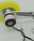 Precision Textile Length Measuring Sensor And Wheel Meter Counter With 300 Millimeter Perimeter, yellow wheel and rotary encoder detail.
