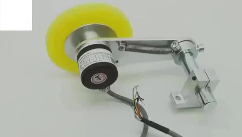 Precision Textile Length Measuring Sensor And Wheel Meter Counter With 300 Millimeter Perimeter, yellow wheel and rotary encoder detail.