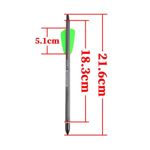 Diagram of 7.5 Inch Carbon Crossbow Bolt With 2 Inch Green Vanes and 100 Grain Removable Tips showing measurements in centimeters