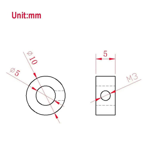 5mm Bore Lead Screw Collar Set For T5 Leadscrews, 10 Pack, Carbon Steel Nickel-Plated, Heavy-Duty Linear Motion Accessories For 3D Printers And CNC Machines, Durable, Corrosion-Resistant, Easy Install. Dimension drawing with 5mm bore, 10mm outer diameter, and M3 hole.