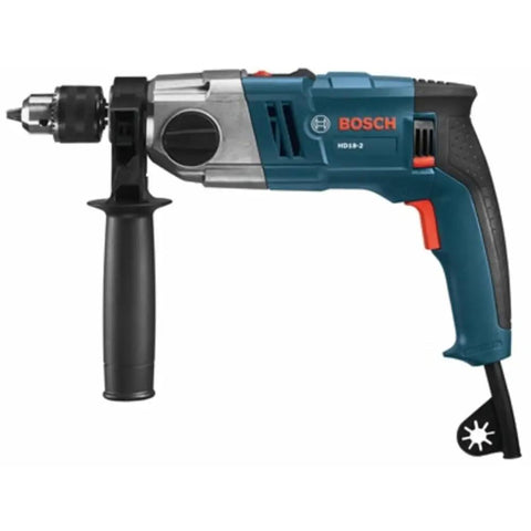 Close-up of Two Speed Hammer Drill With 8.5 Amp Motor, Auxiliary Handle With Built-In Depth Gauge, And Slip Clutch for precise drilling.