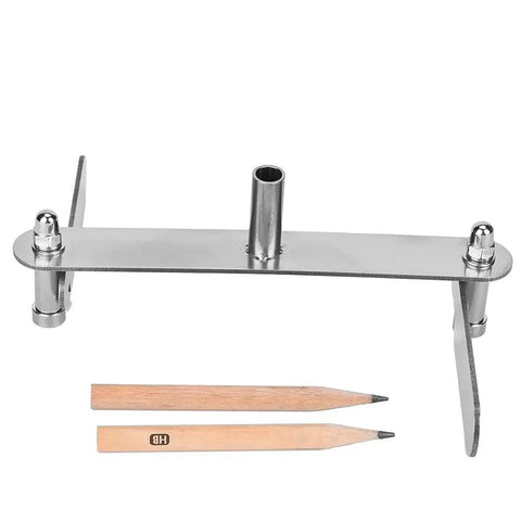 Built Tough Stainless Steel Woodworking Center Finder Marking Gauge with sharp scriber tool and two pencils for layout.