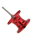 Red aluminum water-drop wheel with silver axle and multiple drilled holes; subwheel