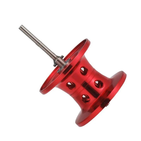 Red aluminum water-drop wheel with silver axle and multiple drilled holes; subwheel
