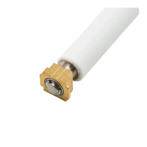 Close-up of a Five Pack Platen Roller And Paper Feed Transport Kit For Label Printers featuring white roller and gold connector.