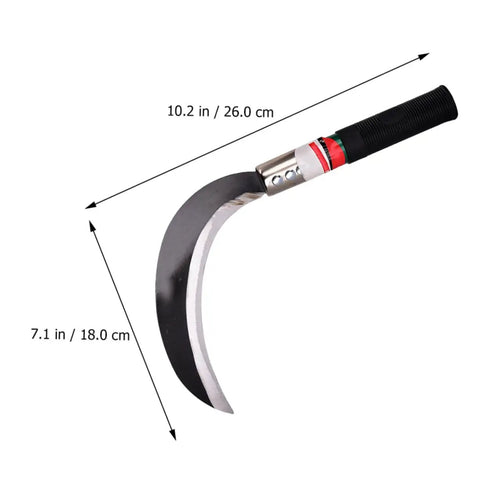 Manganese Steel Sickle Set With Ergonomic Handle, showing curved blade and handle, dimensions 10.2 in by 7.1 in, ideal for gardening.